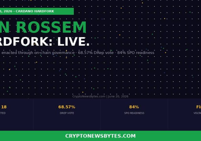 Banner Announcing Van Rossem Hardfork Live on June 18 2026 Cardano Hardfork with On chain Governance Drep Vote 6857 Spo Readiness 84 Site Cryptonewsbytescom  Cryptonewsbytes