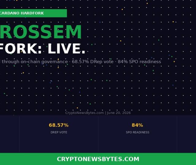 Banner Announcing Van Rossem Hardfork Live on June 18 2026 Cardano Hardfork with On chain Governance Drep Vote 6857 Spo Readiness 84 Site Cryptonewsbytescom  Cryptonewsbytes