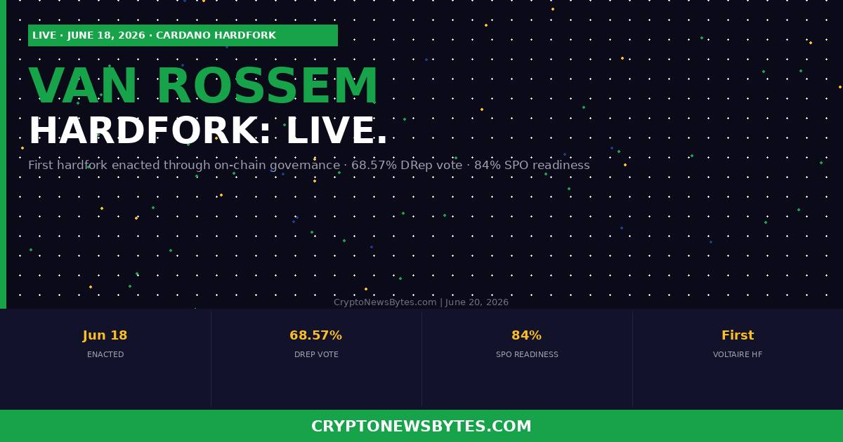 Banner Announcing Van Rossem Hardfork Live on June 18 2026 Cardano Hardfork with On chain Governance Drep Vote 6857 Spo Readiness 84 Site Cryptonewsbytescom  Cryptonewsbytes