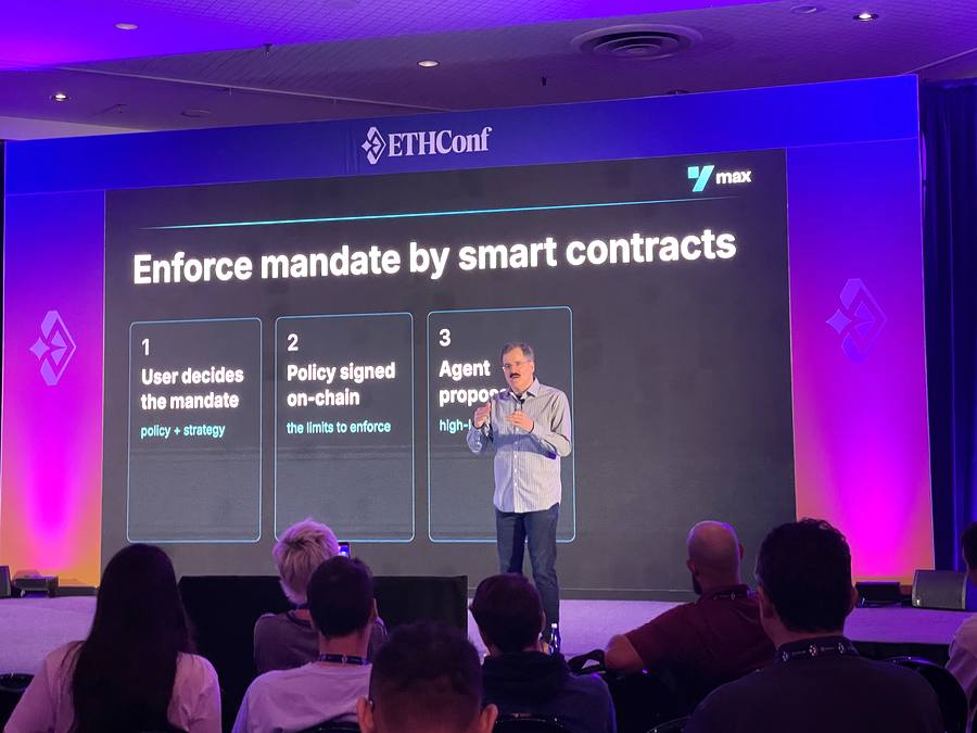 ETHConf 2026 Day 1 Agoric Ymax presentation: Enforce mandate by smart contracts, three-step diagram