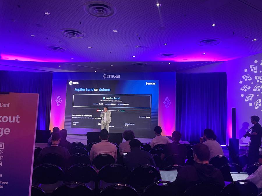 ETHConf 2026 Day 1 breakout session showing Fluid Jupiter Lend on Solana slide