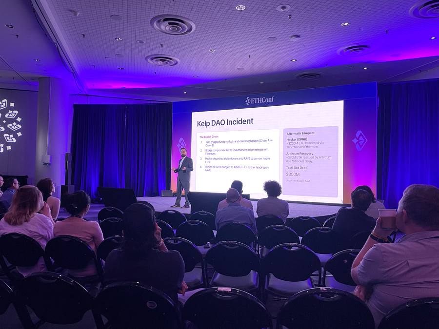 ETHConf 2026 Day 1 breakout session showing Kelp DAO Incident slide with exploit chain and $300M bad debt