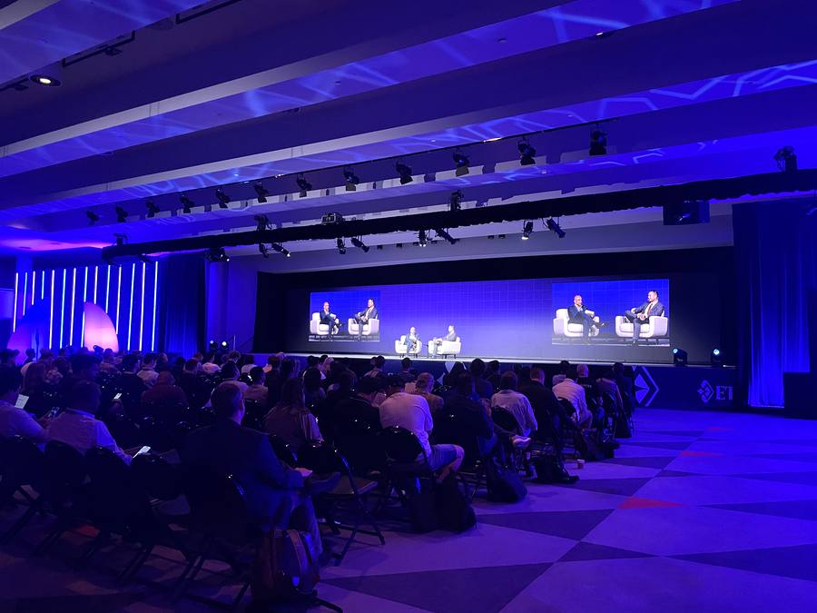 ETHConf 2026 Day 1 main stage panel at the Javits Center NYC with full audience