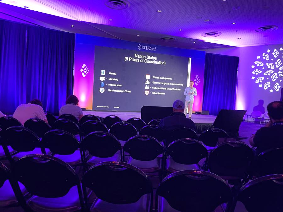 ETHConf 2026 Day 1 breakout slide showing Nation States 8 Pillars of Coordination