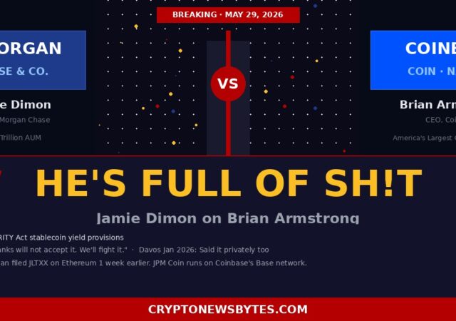 PMorgan CEO Jamie Dimon calls Coinbase CEO Brian Armstrong full of shit over CLARITY Act stablecoin lobbying, May 2026