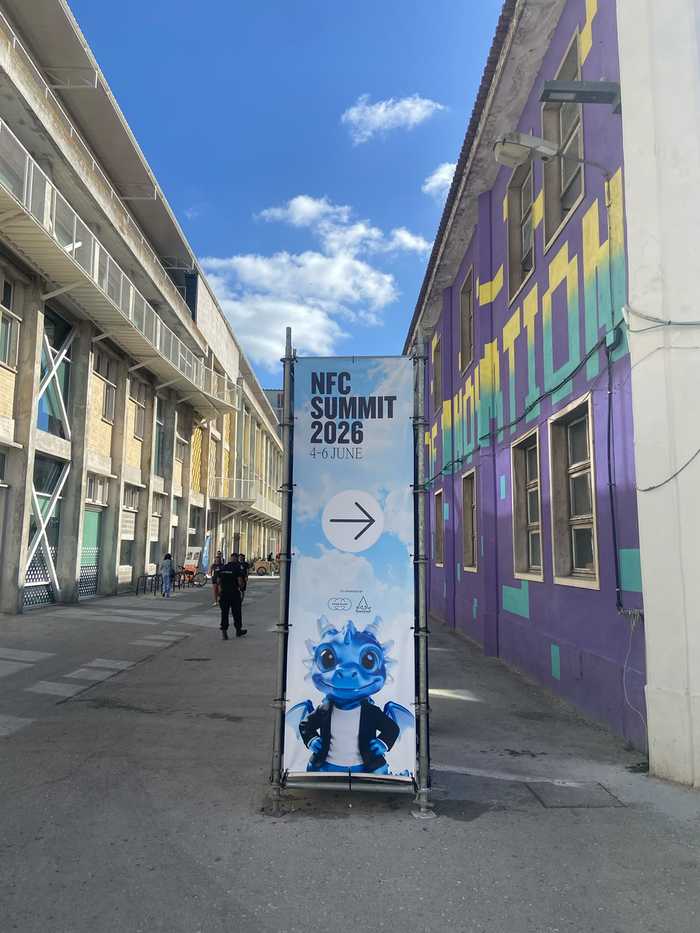 NFC Summit 2026 entrance banner at Unicorn Factory Lisboa, June 4-6 2026