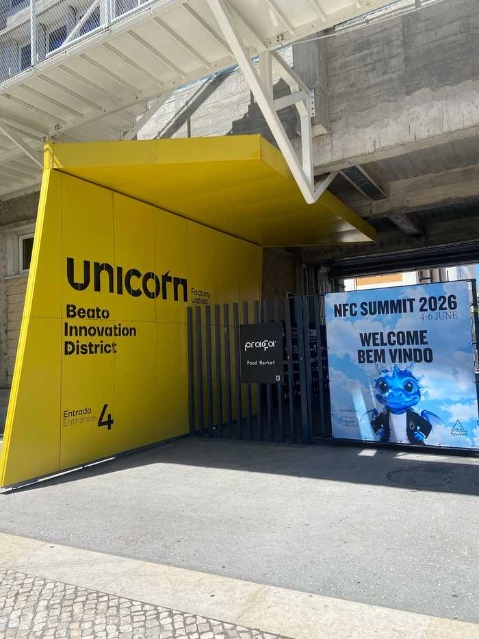 Unicorn Factory Lisboa Beato Innovation District entrance with NFC Summit 2026 welcome signage