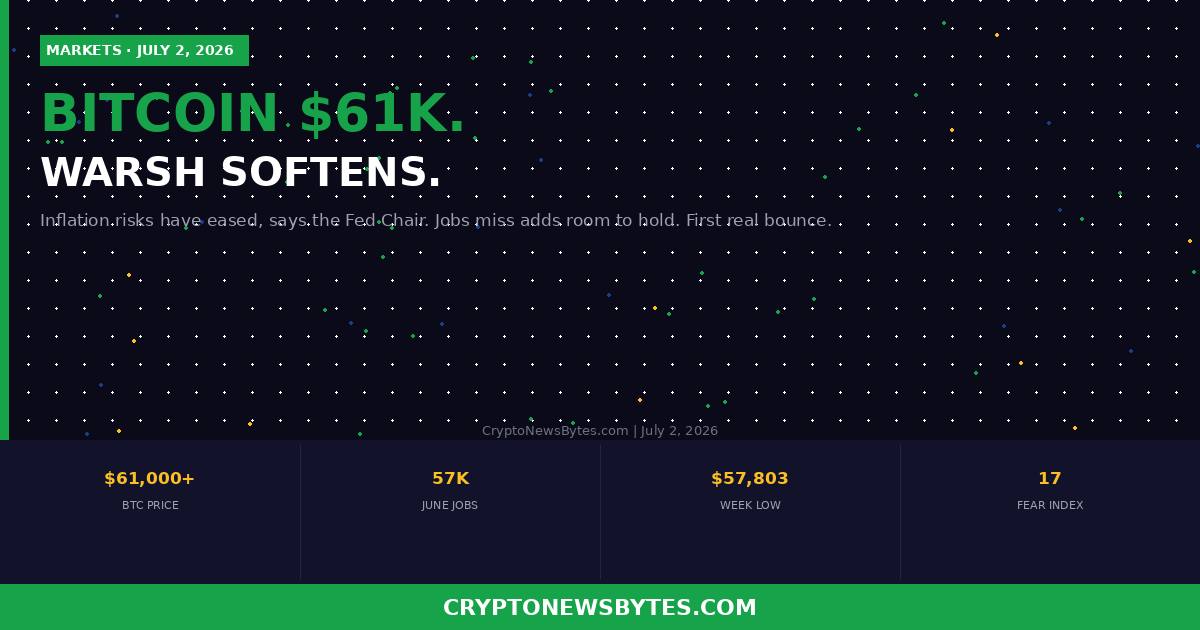 bitcoin-rebound-61k-warsh-inflation-jobs-july-2026-featured β CryptoNewsBytes Bitcoin Rebounds to 000 After Fed Chair Warshs First Soft Comment Since the June Crash