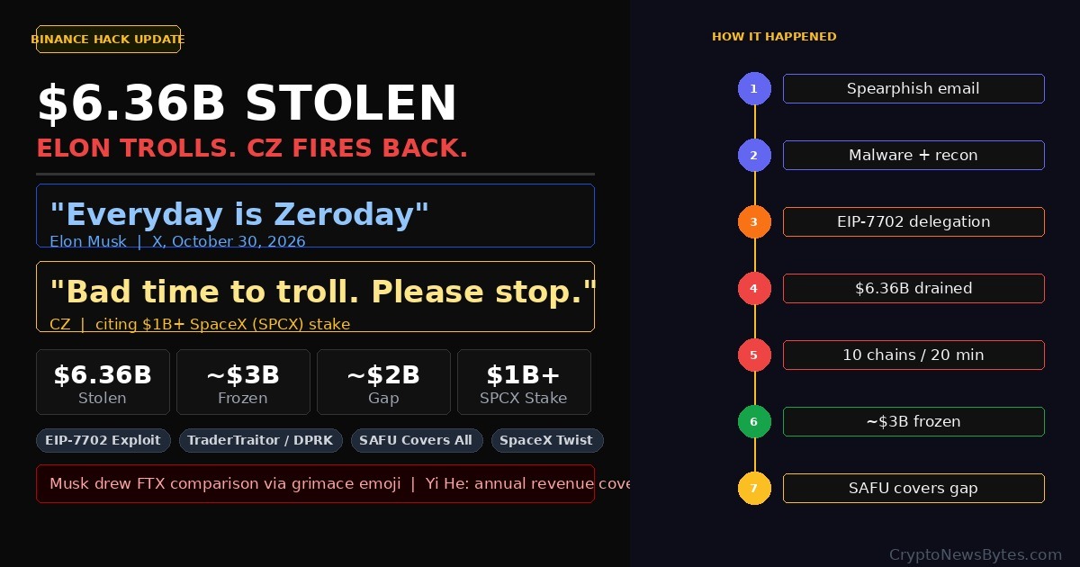 Binances 36 Billion Hack Update Elon Musk Trolls Cz Cz Tells Him to Stop Reminding Binance Holds  Billion in Spacex Us Secret Service Tracks Stolen Funds